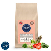 A brown paper bag of Growler & Prowler Scottish Salmon dog food. The bag features the company logo, information about the product, including the ingredients and nutritional content, and graphics of salmon, spinach, fennel, asparagus, and tomatoes.